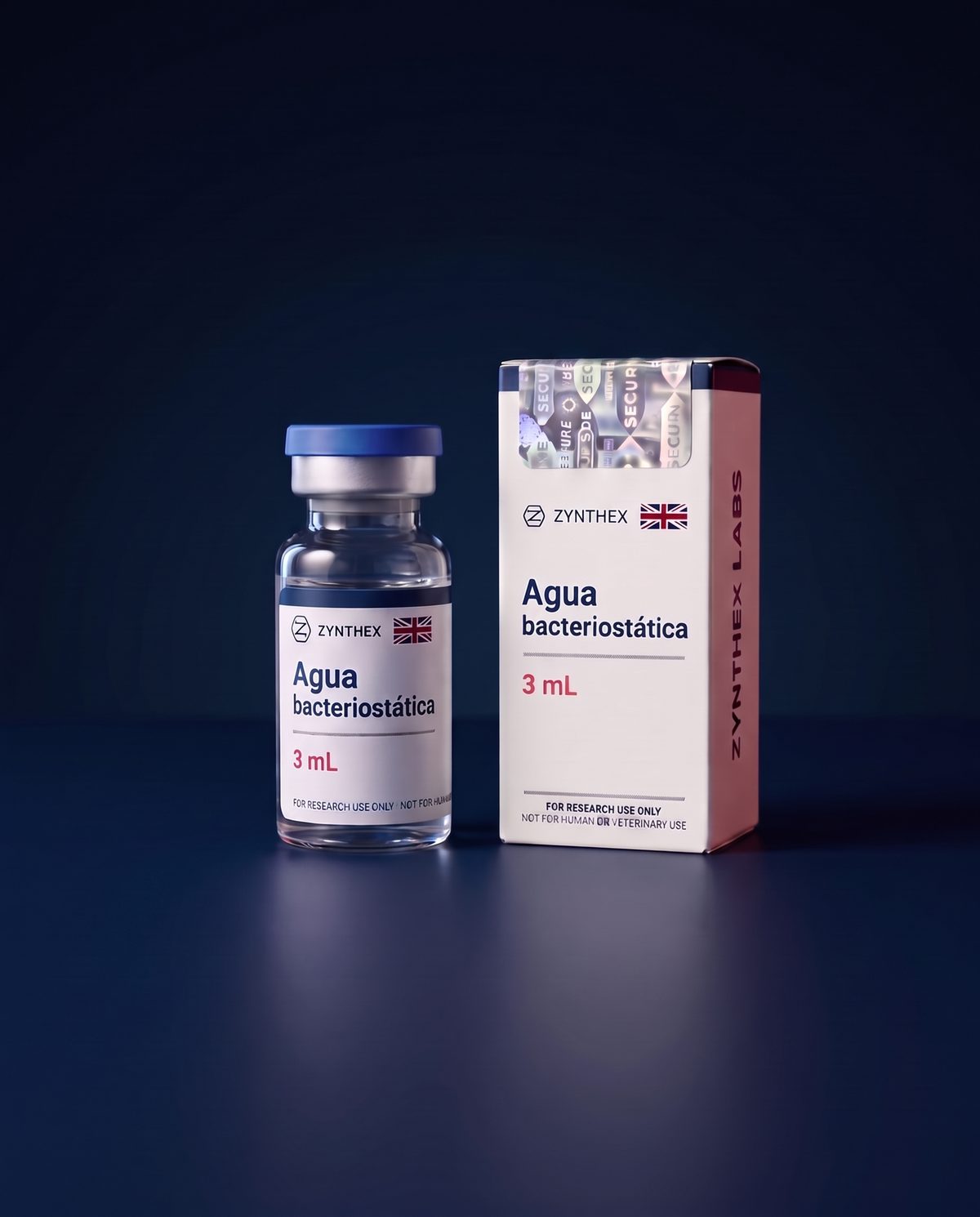 Agua bacteriostática 3 mL — vial y caja Zynthex