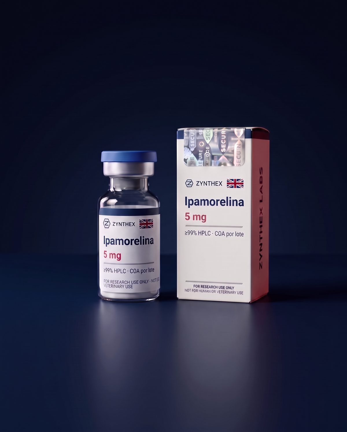 Ipamorelina 5 mg — vial y caja Zynthex